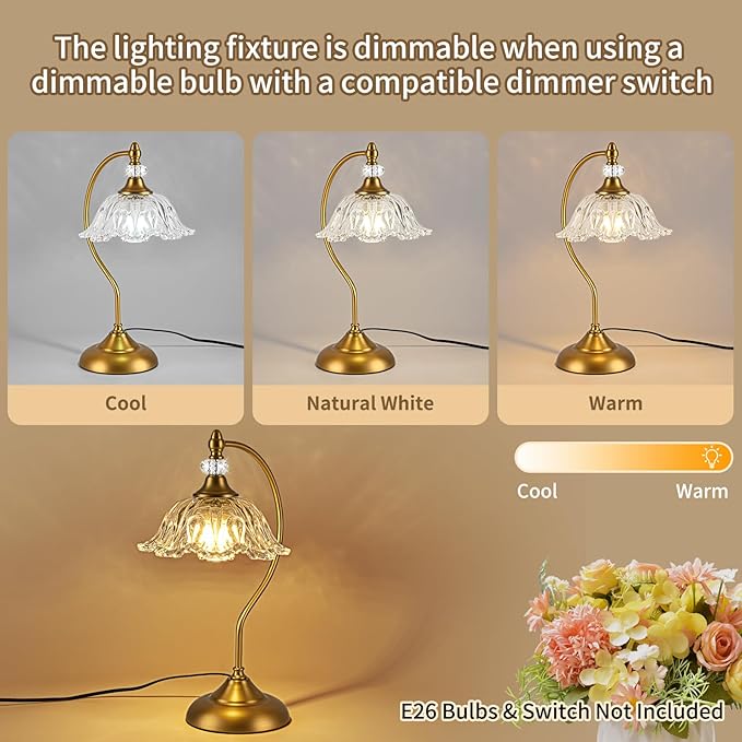 Vintage Table Lamp with a Floral Clear Glass Shade, A Plug-in Nightstand Lamp in Matte Brass Finish for Bedroom, Living Room,Office, and Desk