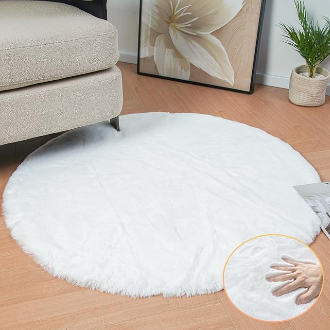 White Faux Fur Round Rug 4ft Fluffy Rabbit Fur Rug Machine Washable Circle Area Rugs for Living Room Bedroom Home Teen Room Nursery Décor