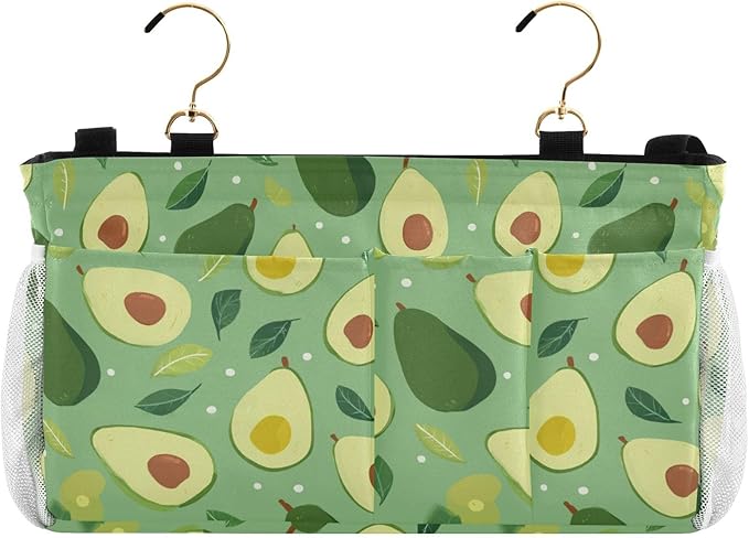 Bedside Caddy Hanging Bunk Bed Caddy Bed Organizer Hanging Pocket with 2 Hooks Bedside Storage Organizer Pocket Bag Holder Green Avocado and Leaf