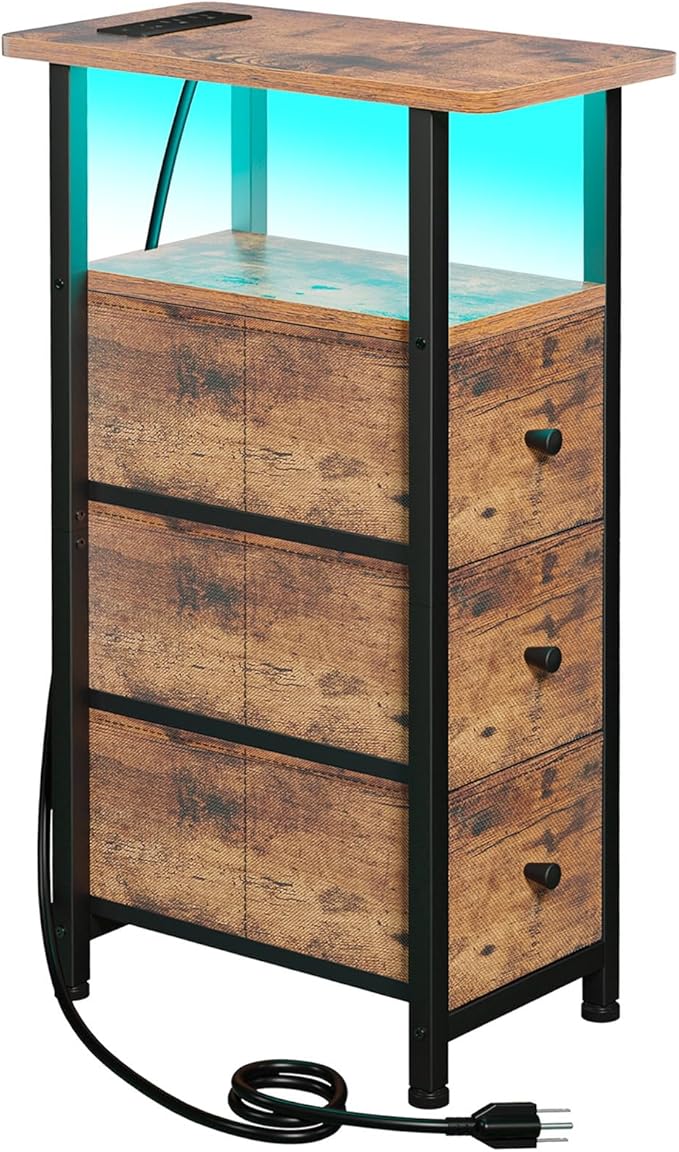LOAKEKEL Narrow End Table Living Room with Charging Station, Skinny Side Table with Fabric Drawers, Slim LED Nightstand for Bedroom, Small Spaces, Couch, Rustic Brown, HETNDP03LPBR-1