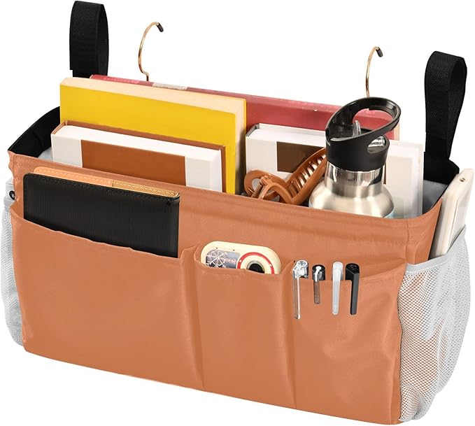 KOPIRIT Orange Bedside Caddy Storage Bag Bedside Organizer for Bed Rails College Dorm Room Hanging Bag Bedside Shelf 6 Pockets with Hooks for Glasses Book Tablet Holder