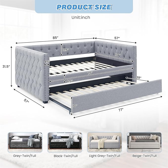 Daybed with Trundle, Modern Upholstered Full Size Day Bed Button-Tufted Sofa Daybed Frame with A Roll-Out Trundle, No Box Spring Needed, Furniture for Bedroom Living Room Guest Room (Light Grey, Full)