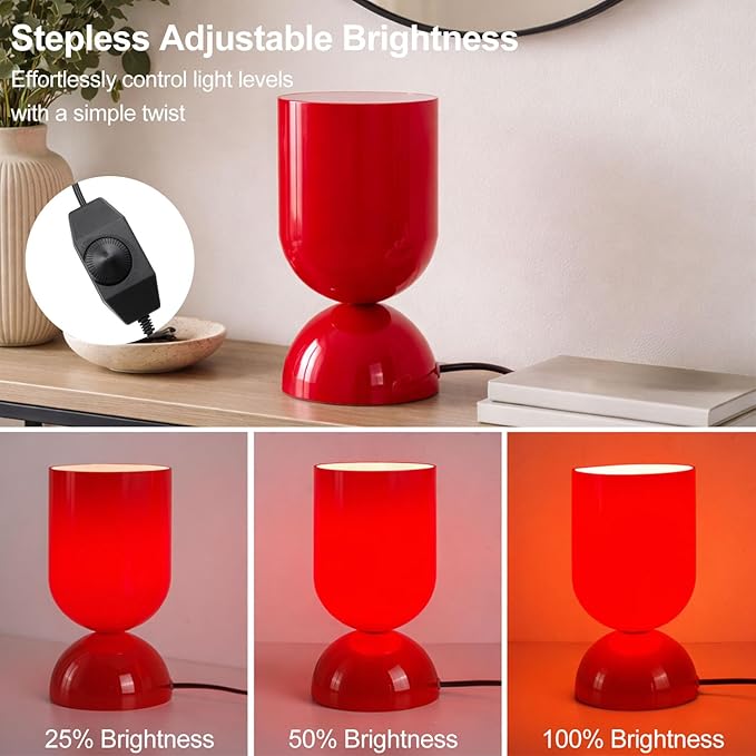 8.9'' Modern Glass Table Lamp, Dimmable Bedside & Desk Lamp for Living Room and Bedroom, UL Listed Nightstand Lamp with Dome Base, Home Decor for Office, Dorm, Side Table, Glossy Red