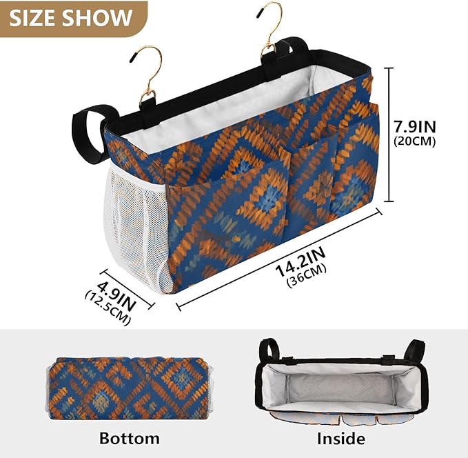 Bedside Caddy Hanging Bunk Bed Caddy Bed Organizer Hanging Pocket with 2 Hooks Bedside Storage Organizer Pocket Bag Holder Blue Orange Diamond Tie-dye