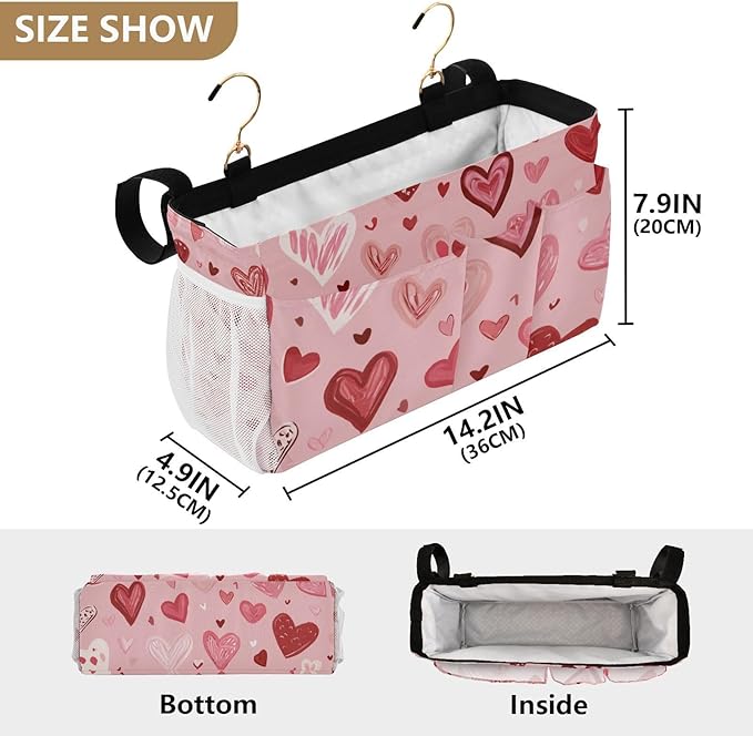 Bedside Caddy Hanging Bunk Bed Caddy Bed Organizer Hanging Pocket with 2 Hooks Bedside Storage Organizer Pocket Bag Holder Pink Cute Hearts