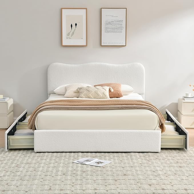 VELOCAVA Full Size Storage Bed with 4 Drawers, Modern Upholstered Bouclé Platform Frame with Curved Headboard, Rounded Corners, Wood Slats, No Box Spring Needed, Cream White