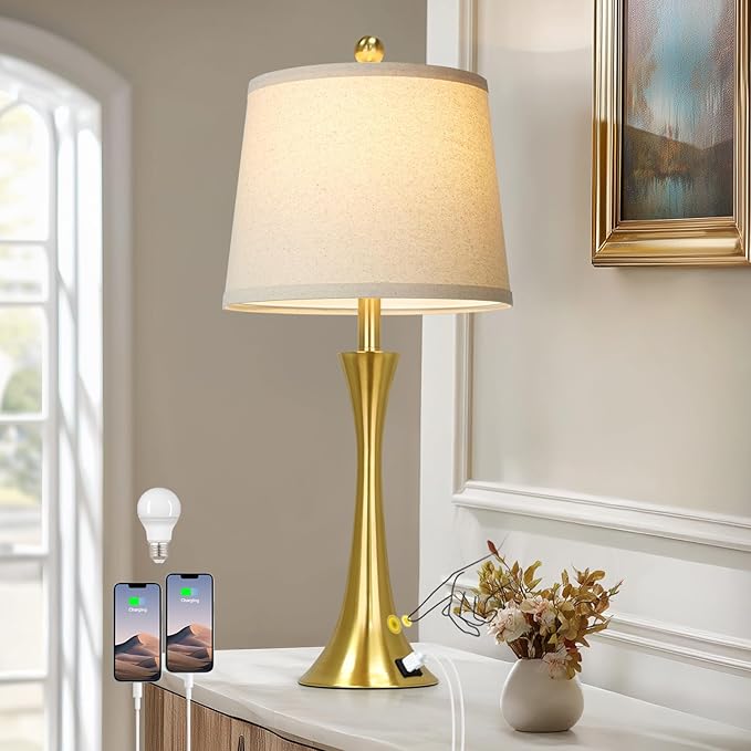 27.5" Gold Lamps for Living Room, Touch Control 3-Way Dimmable Bedside Nightstand Lamps Bedroom Lamp,Modern Gold Table Lamp with USB A+C Ports,Tall Lamps for Living Room End Table（1Pack）