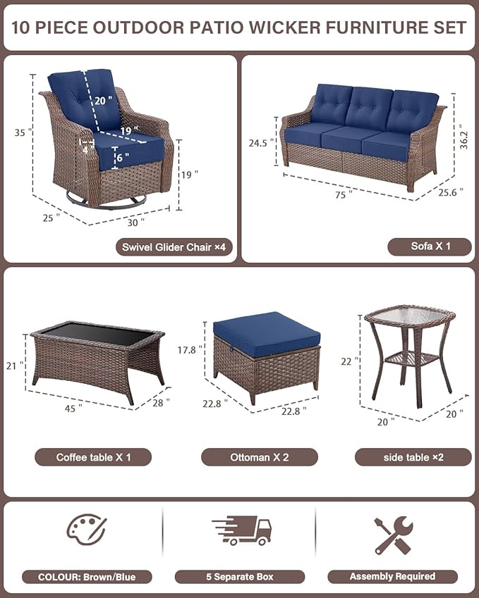10 Piece High Back Outdoor Patio Furniture Set - Patio Conversation Set with Swivel Rocker Outdoor Chairs Set of 4 and 3 Seater Sofa, Wicker Ottoman and Coffee Table for Garden Backyard