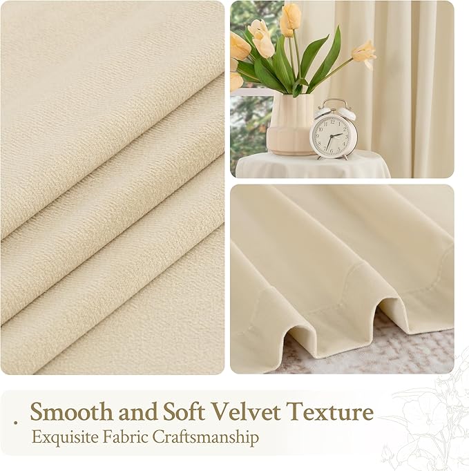 LAMIT Beige Velvet Panels for Living Room 84 Inches Long, Elegant Thermal Insulated Curtains Back Tab and Rod Pocket Drapes for Classical Bedroom, 2 Panels, 52 x 84 Inch