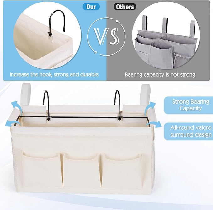 Ozzptuu Bedside Storage Caddy/Bedside Hanging Storage Bag for Headboards Bunk Beds Dorm Rooms Book Phone Magazine Holder (New White)