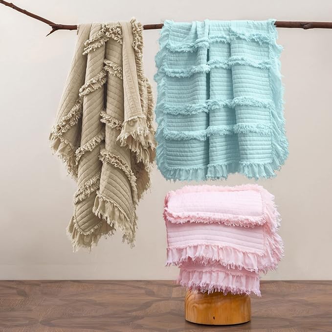 Ultra Soft Pre-Washed Quilted Boho Beige Queen Size Blankets for Bed, Ruffle Fringed Decorative Throw, Stone Washed Chic Rustic Blanket for Sofa Couch Bed, 90"*90"