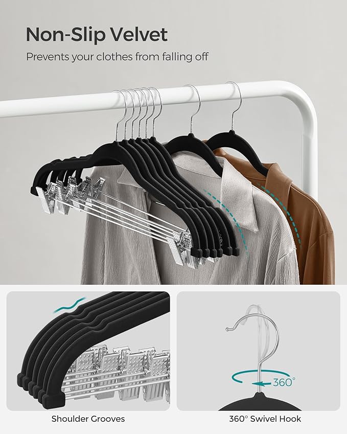 SONGMICS 30 Pack Pants Hangers, 16.7 Inches Long Velvet Trousers Hangers with Adjustable Clips, Heavy-Duty, Non-Slip, Space-Saving for Pants, Skirts, Coats, Dresses, Tank Tops, Black UCRF12B30
