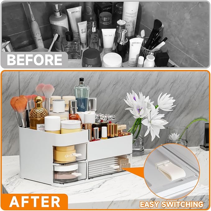 SuoXing White Make up Organizers for Vanity,Large Plastic Bathroom Counter Organizer With Drawers,Skincare Organizers and Cosmetic Storage for Dresser Top Skin Care,Beauty Products and Brush Holder