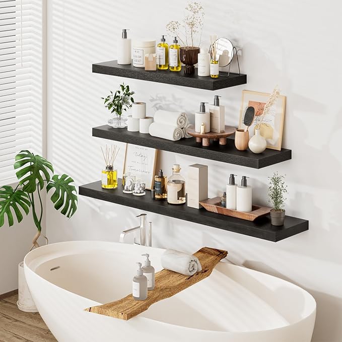 Heimlove 36 Inch Long Floating Shelf for Wall, 12" Deep Black Floating Shelves Shelves for Bedroom Living Room Bedroom, Mounted Shelves for Storage Book Decor, Set of 2