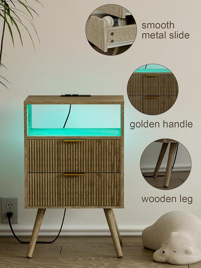 Nightstand with Charging Station and LED Lights, Modern Bedside Table with 2 Storage Drawer and Open Wood Shelf for Bedroom and Small Spaces, Night Stand with Solid Wood Legs