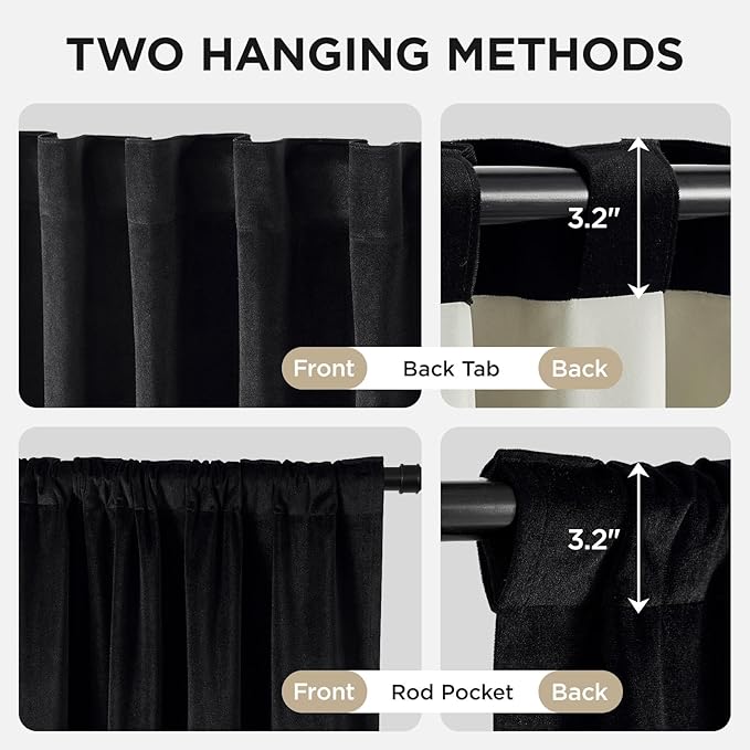 Joydeco Black 100% Blackout Curtains 90 Inch 2 Panels, Luxury Thermal Insulated Black Velvet Curtains for Bedroom Living Room, Soundproof Blackout Window Drapes, Rod Pocket & Back Tab (52W x 90L)