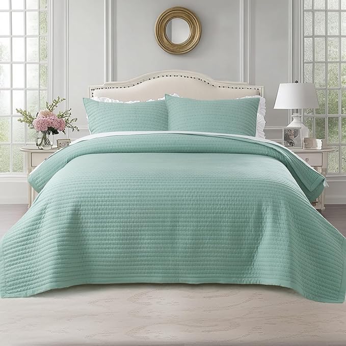 KASENTEX Twin Quilt Set 68"x86" – Soft Washed 3-Layer Lightweight Bedspread, Minimalist Nordic Design, All-Season Spring & Summer Quilt Set (1 Quilt + 2 Pillow Shams), Green