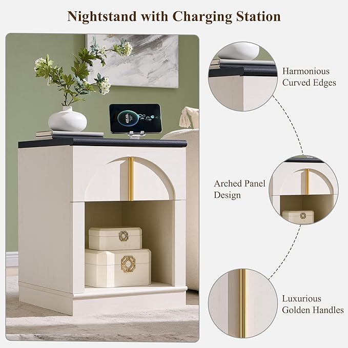 ACCOHOHO Modern Night Stand with Arched Panel,18" Wooden nightstand with Charging Station,Bedside Table with Drawer Storage,Side End Table with Open Shelf for Bedroom,Living Room,White