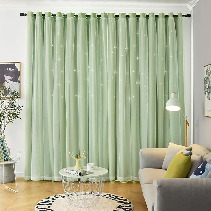 Star Double Layer Blackout Curtains for Bedroom & Kids, Cute, 84 Inch Long 2 Panel Set, Green, 42 x 84 Inch