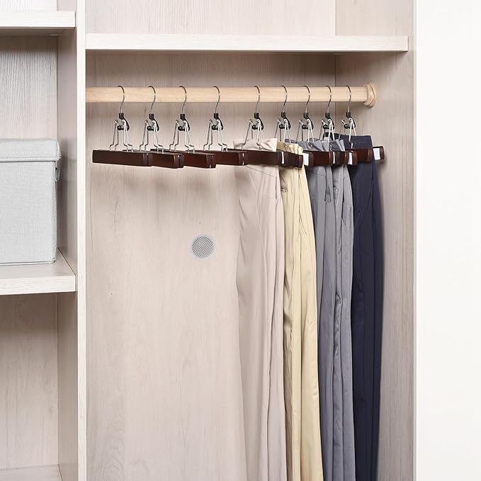 Amber Home Wooden Pants Clip Hangers 10 Pack, Skirt Hangers with Non Slip Padded Velvet, Smooth Finish Solid Wood Jeans/Slack Hanger，Clamp Hangers in Antique Color