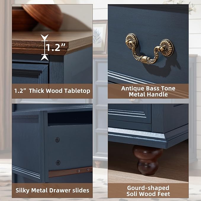24" Wide Farmhouse Nightstand Set of 2, 45" Tall Rustic Chests of 5 Drawers w/ 4 Solid Wood Feet, Farmhouse Furniture Series for Living Room,Bedroom,DarkBlue