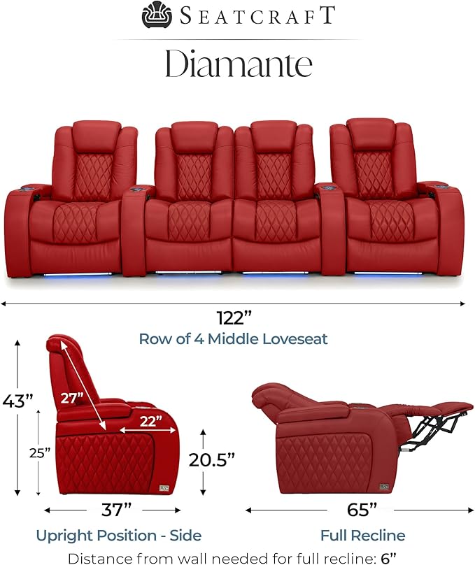 Seatcraft Diamante Zero-Gravity CoolZero Italian Leather Home Theater Seating, Power Headrest, Power Recline, Row of 4 Middle Loveseat, Red