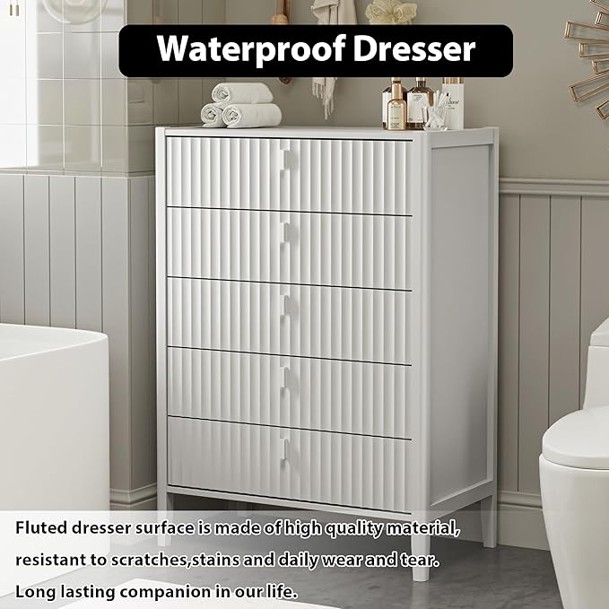 White 5 Drawer Dresser, Modern Tall Dresser for Bedroom, Fluted Wood Chest of Drawers with Deep Drawers for Clothes, Storage Cabinet for Bedroom, Living Rooms, Offices, Entryways