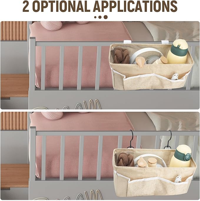 Bedside Caddy, bedside organizer, Hanging Organizers, Storage Bags with Self-adhesive on The Back to Hang Over Beds for Headboards, Bunk Bed, Car Seat Back Organizers (Upgraded Version Beige)
