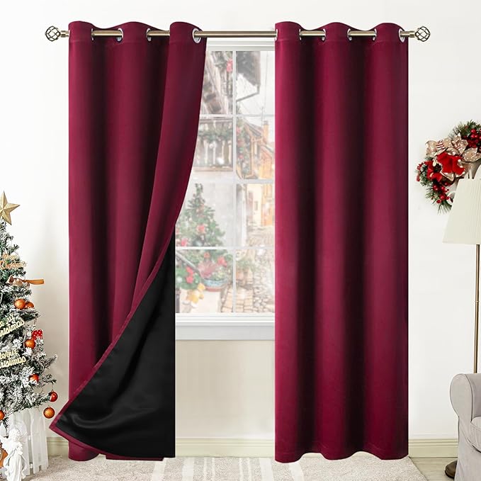 BGment Thermal Insulated 100% Blackout Curtains for Bedroom with Black Liner, Double Layer Full Room Darkening Noise Reducing Grommet Curtain (42 x 84 Inch, Burgundy Red, 2 Panels)
