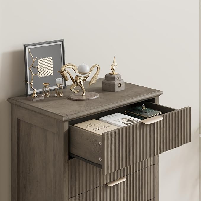 QUW Fluted 6 Drawer Dresser for Bedroom, Modern Tall Chest of Drawers with Metal Handle, Large Wood Storage Chest Organizer Accent Storage Cabinet for Living Room, Hallway, Entryway, Gray