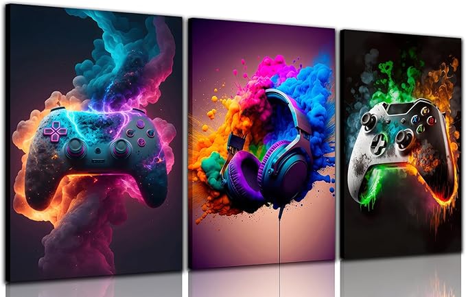 Gaming Room Decor Canvas Wall Art Set of 3 - Cool Video Gaming Theme Wall Decor, Gamer Paintings Picture Print for Teen Boys Room 16x24 inch Framed
