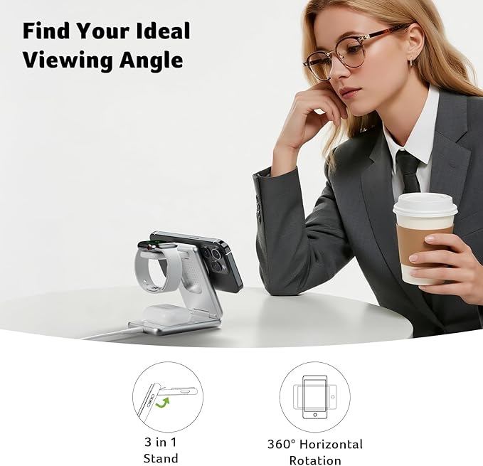 Acer 3 in 1 Charging Station for iPhone, Wireless Charger Stand,15W Fast MagSafe Charger for iPhone 17 16 15 14 13 12 Series-Apple Watch 10 9 8 7 6 5 4 3 2 SE and Ultra Series-Airpods 4 3 2 Pro Series