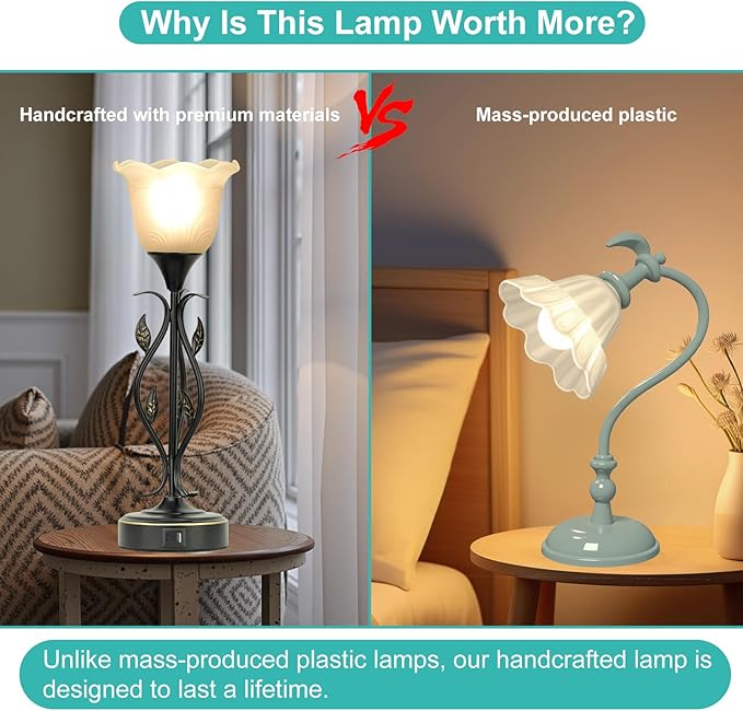 Bedside Lamps Set of 2, Table Lamp with USB Port 3 Way Dimmable Touch lamp Torchiere Nightstand Lamps with Rustic Vines Leaf and Glass Flower Shade lamp for Bedroom, Living Room, Office