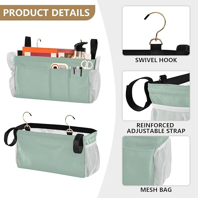 KOPIRIT Cyan Gray Bedside Caddy Storage Bag Bedside Organizer for College Dorm Top Bunk Bed Bedside Shelf Hanging Organizer 6 Pockets with Hooks for Magazine Water Bottle Holder