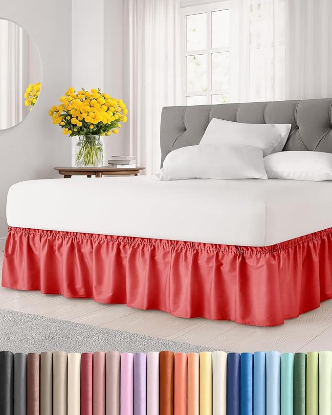 Wrap Around Dust Ruffle Bed Skirt - Red - for King Size Beds with 21 Inch Drop - Easy Fit Elastic Strap - Adjustable Pleated Bedskirt w/Brushed Fabric - Wrinkle Free - for Women, Men, Kids & Teens