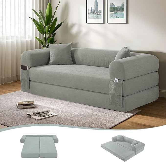 80" Convertible Sofa Bed, No Assembly Modern Boneless Compression Sofa in Box, 3-in-1 Corduroy Folding Pull Out Couch with Pillows, Floor Couch with Side Storage Pocket for Living Room,Light Grey