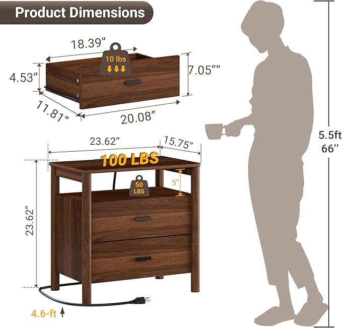 FavourLife Night Stand, 23" Wide Nightstand, Modern Nightstand with Charging Station, 2 Drawer Wooden End Table with Solid Round Post Legs & Open Shelf, Bedside Table w/Storage for Bedroom, Walnut