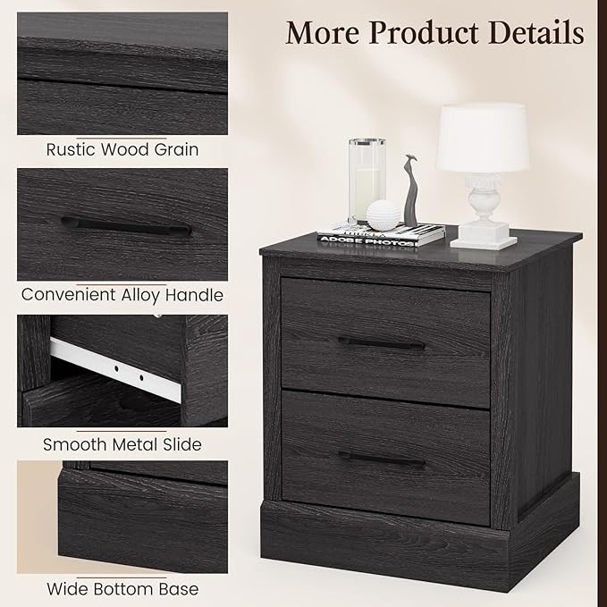 Giantex Farmhouse Nightstand Set of 2, Wood Bedside Table with 2 Storage Drawers, Compact Floor Night Stand End Table, Accent Sofa Side Table for Bedroom, Grey Oak