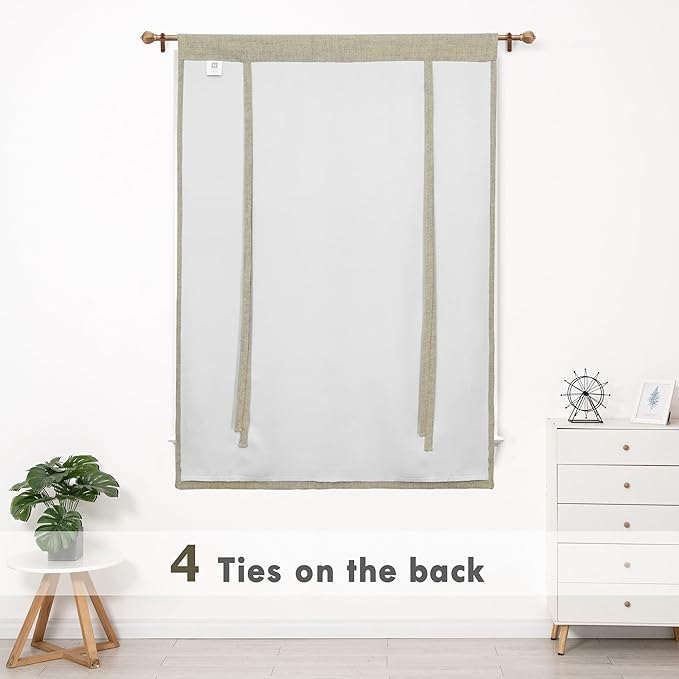 DriftAway Double Layer Linen Blackout Tie Up Curtains Thermal Insulated Fully Lined Balloon Roman Shade Bathroom Window Adjustable Rod Pocket for Small Window 25 Inch by 47 Inch Light Khaki Linen