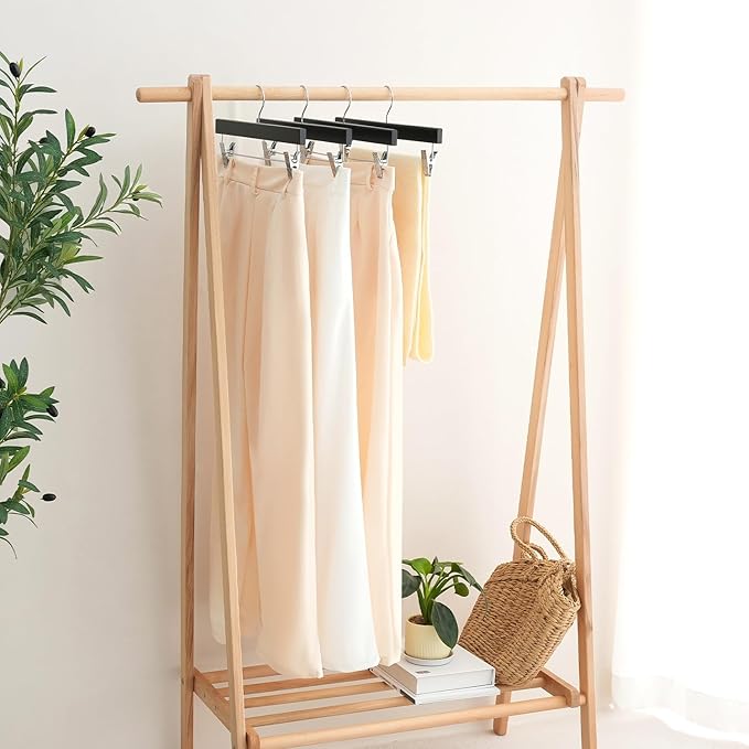 BAGAIL 10 Pack Wooden Pants Hangers with Adjustable Clips, 360°Swivel Hook Space Saving Skirt Holders with Anti-Rust Clips for Trousers, Jeans, Shorts (Black)