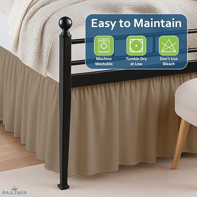 Rajlinen Ruffled Bed Skirt California King, 14 Inch Drop Dust Ruffle with Split Corners, 100% Microfiber Bedskirt with Platform, Three-Sided Coverage Ruffled Gathering Design, Taupe
