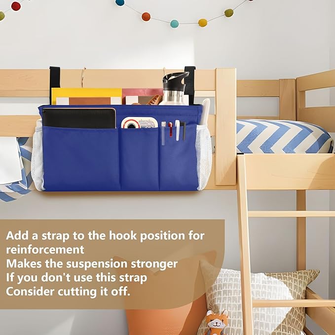 Blue Bedside Caddy Storage Bag Bedside Organizer for Bunk Bed Headboards College Organizer Caddy Hanging Shelf 6 Pockets with Hooks for Book Glasses Phone Holder