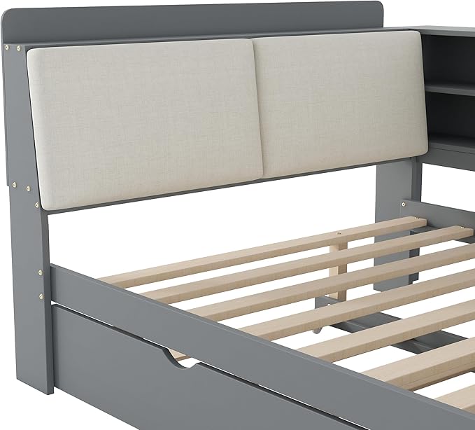 Ball & Cast Full Size Wooden Storage Daybed Frame, Modern Platform Bed with Trundle & Flip Headboard & Shelves, L Shaped Full Floor-Bed w/Upholstered Headboard&Storage, No Box Spring Needed, Gray