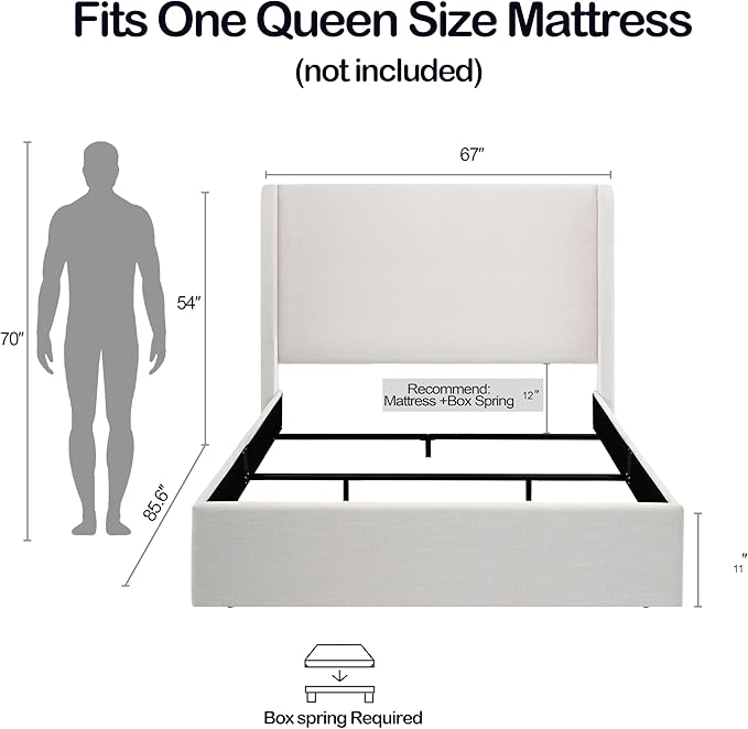 Upholstered Bed Frame Queen Size, 54" High Headboard Platform Beds Caron Tall Wingback Bed Frames, Box Spring Request/No Noise/Simplicity Minimalist, Textured Ivory Canvas Chenille