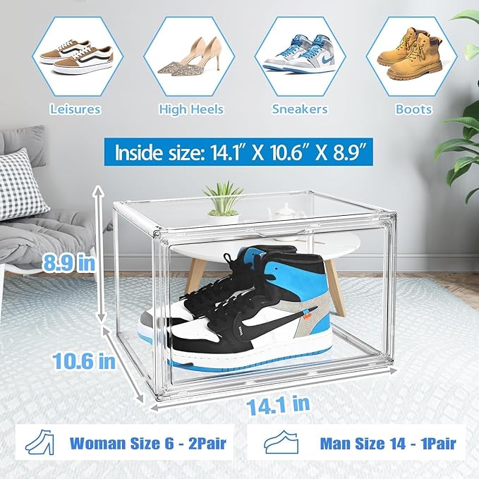 5 Pack Acrylic Shoe Box Size 14, Clear Plastic Stackable Sneaker Shoe Display Case Transparent Storage Bins Handbag Organizer Containers with Magnetic Lids, Figures Collectibles Showcase