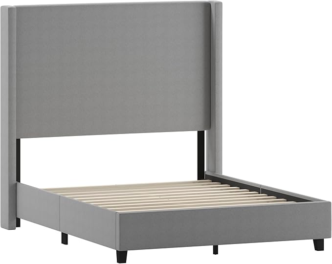 EMMA + OLIVER Nora Full Size Faux Linen Upholstered Platform Bed with Plush Padded Wingback Headboard (No Box Spring Needed), Modern Upholstered Headboard Full Bed Frame, Gray