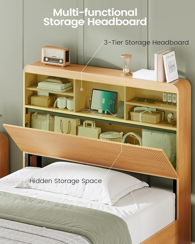 AOGLLATI Full Size Bed Frame with 4 Storage Drawers and Hidden Storage Headboard, Wood Led Fluted Bed Frame Full Size with Charging Station and Curved Profile Design, No Box Spring Needed, Wood