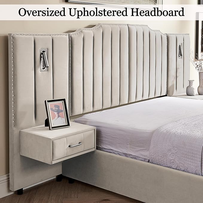 Luxury Queen Bed Frame with Headboard and Storage, Velvet Fabric Upholstered Platform Bed Frame Queen Size with LED Lights, Solid Frame & Bedside Table, No Box Spring Needed, Beige