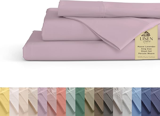 Linen Home 100% Cotton Percale Sheets King Size, Mauve Lavender, Deep Pocket, 4 Pieces Set - 1 Flat, 1 Deep Pocket Fitted Sheet and 2 Pillowcases, Crisp Cool and Strong Bed Linen