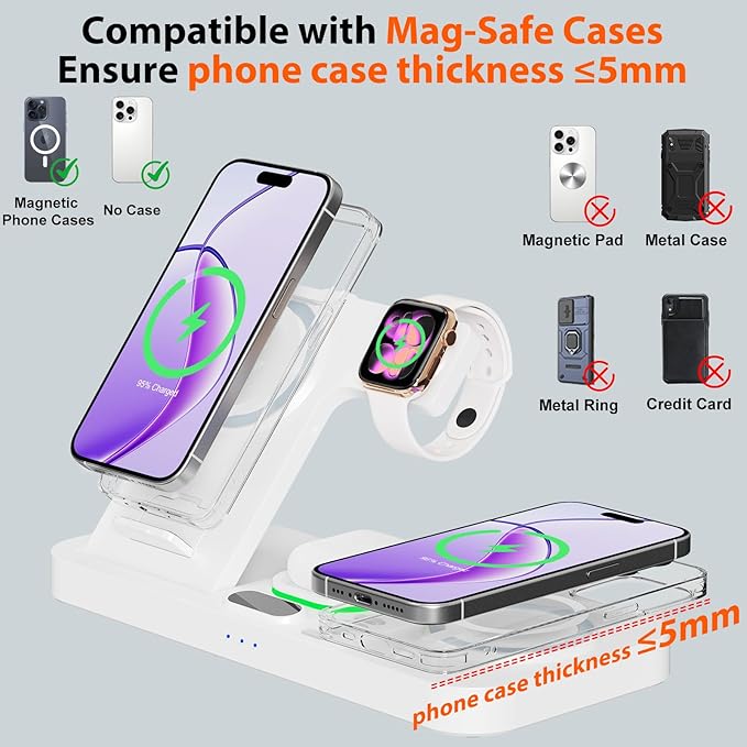Dual Phone Magnetic Wireless Charging Station for Apple Devices/Apple Ecosystem,with Auto-Switch 7-Color Light & Clock, Compatible with iPhone 17/16/15, for iWatch 11/10/9 & AirPods Pro3（White